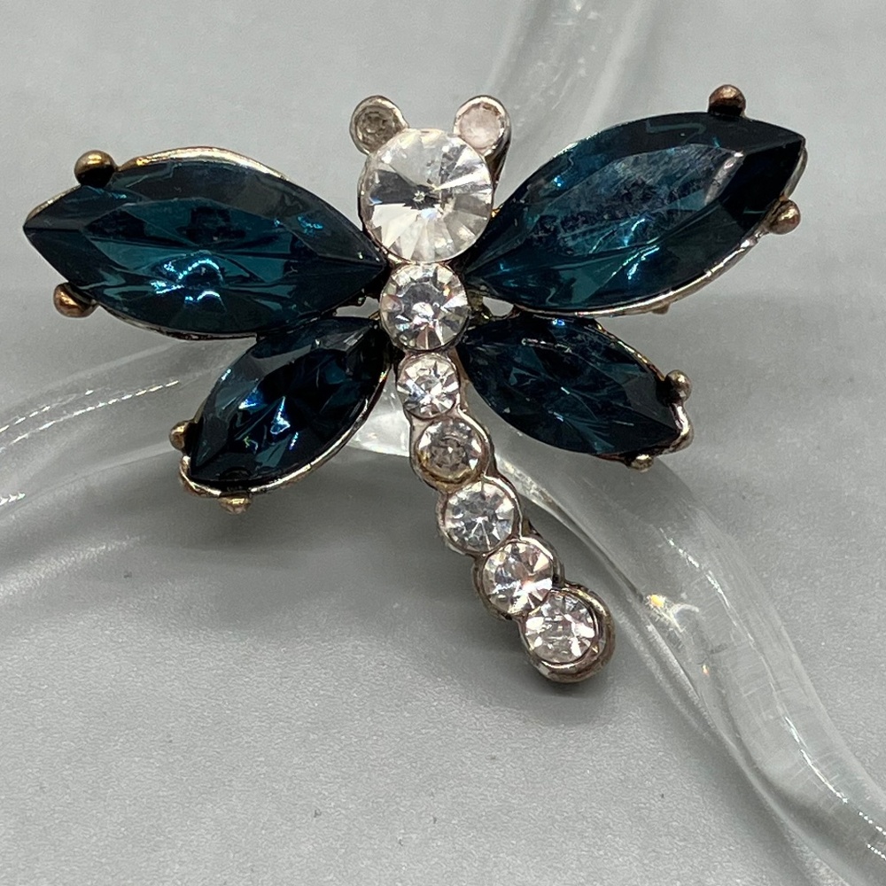 Vintage dragonfly pin / brooch - dark blue and clear rhinestones